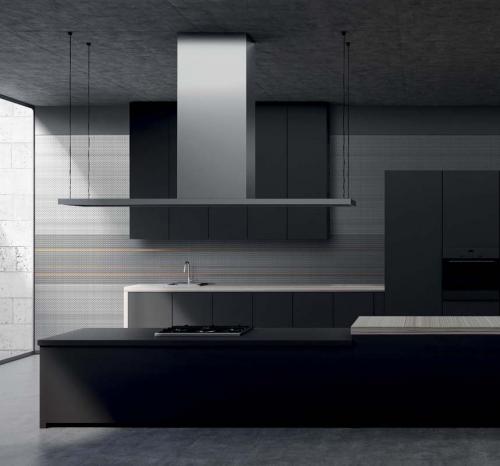 Concrete kitchen interior, black cabinets
